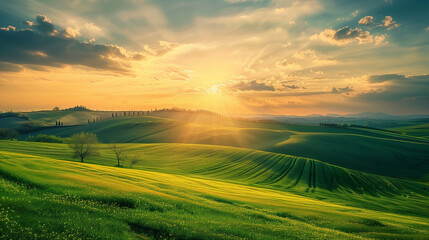 Fototapeta premium Majestic Spring Sunset Over Rolling Fields