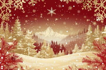 Christmas Gold Christmas on red background with winter landscape and a Low snowflakes decoration banner background greeting card illustration December xmas celebrate