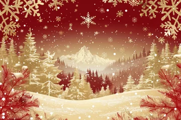 Poster Christmas Gold Christmas on red background with winter landscape and a Low snowflakes decoration banner background greeting card illustration December xmas celebrate © pawimon