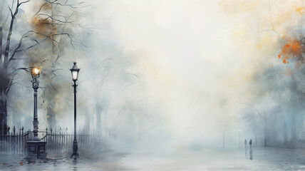 autumn watercolor light gray background, street lamp on a blurry background copy  space blank greeting form - 767816689