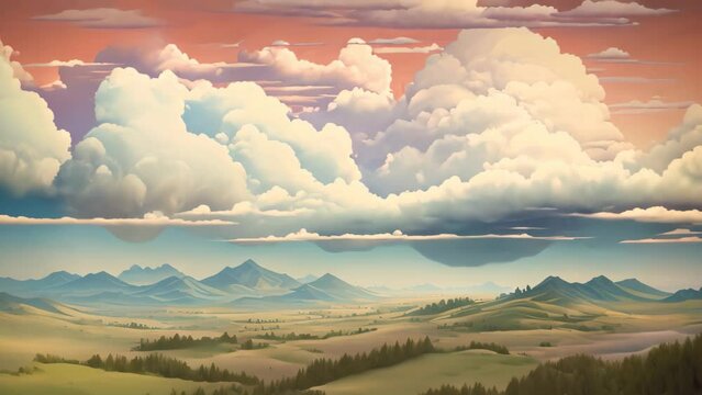 Beautiful landscape with mountains, lake and clouds. Digital painting, landscape with clouds, AI Generated