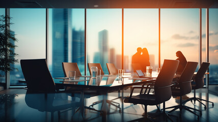 meeting of businessmen, interview, modern office, meeting room interior with a table, on the background of a large panoramic window - obrazy, fototapety, plakaty