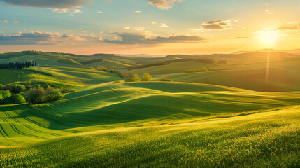 Majestic Spring Sunset Over Rolling Fields