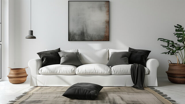 Interior of living room with white sofa and black pillows 3d rendering, photo frame in wall, Ai, modern minimalist interior design of living room with white sofa, black pillows and white wall.