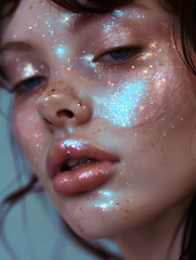Closeup portrait of beautiful woman with shiny glitter make up