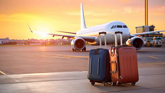 Luggage on airport runway at sunset. Travel and vacation concept, Luggage at the airport and a commercial airplane in the background, AI Generated