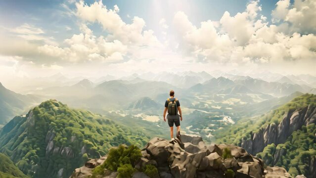 Man with backpack standing on the edge of cliff and looking at the valley, Male tourist standing on top of a mountain and enjoying the nature view, rear view, full body, AI Generated