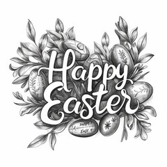 word Happy Easter handwritten delicately and elegantly, fine graceful lines, fine line in ink isolated white background