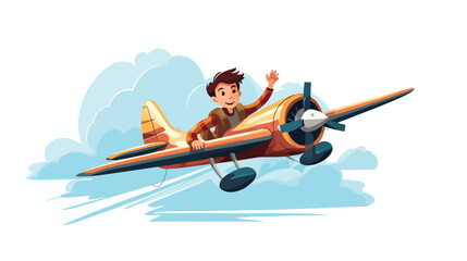 Boy flying jet plane in the sky illustration Flat vector