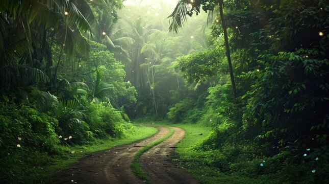 Inviting pathway winding through lush greenery, leading into the heart of a tropical forest
 Seamless looping 4k time-lapse virtual video animation background. Generated AI