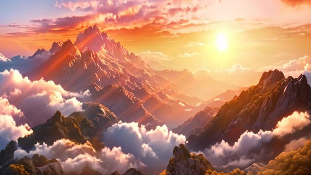 Fantasy landscape with mountains and clouds at sunset. 3d illustration, Mountain top landscape view with clouds at sunset, AI Generated