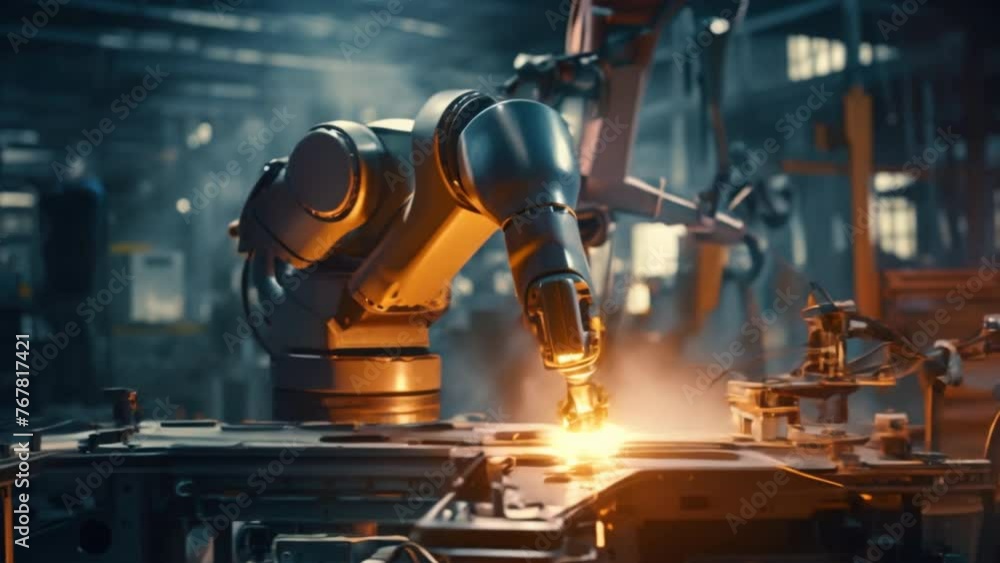 Poster modern industry,industrial robot works automatically in smart autonomous factory.