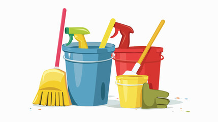 Bucket gloves dish spring cleaning tools vector illustration