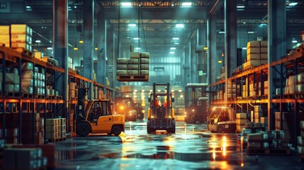 Bustling warehouse interior with forklifts in operation and organized shelves of goods - obrazy, fototapety, plakaty