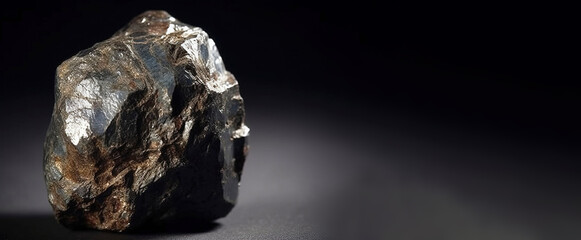 Ferrocolumbite Columbite is rare precious natural stone on black background. Header banner mockup with space.