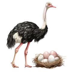 Foto op Plexiglas Illustration of an ostrich beside the nest with eggs on a white background  © Zain