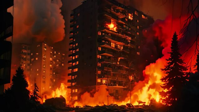 Burning house in the middle of the forest. Fire in the city, Night fire. Apartment is burning, AI Generated