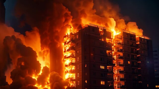 Fire in the city at night. Firefighters extinguish a fire, Night fire. Apartment is burning, AI Generated