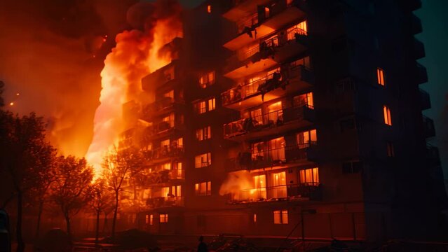 Burning building at night. Fire in the city. Burning building, Night fire. Apartment is burning, AI Generated