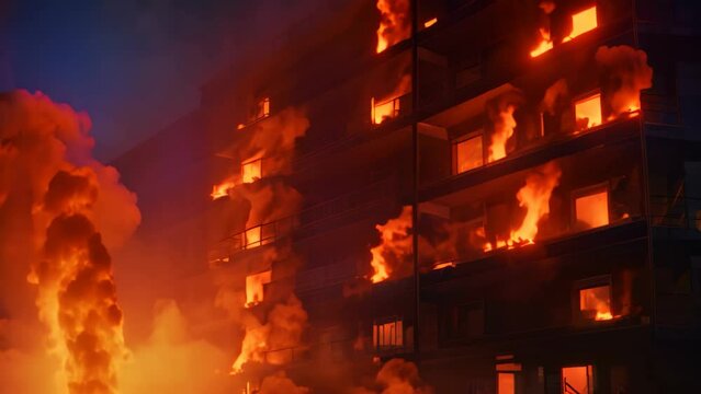 Fire in a residential building at night. Firefighters extinguish the fire, Night fire. Apartment is burning, AI Generated