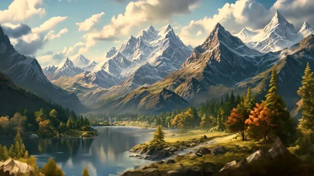 Mountain landscape with lake, forest and mountains. Digital painting, panorama of the mountains, AI Generated