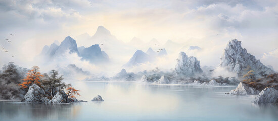 Fototapeta na wymiar Chinese style landscape painting, elegant calligraphy illustration