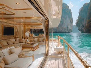 interior of a very luxury yacht full of glass and gold with a beautiful view