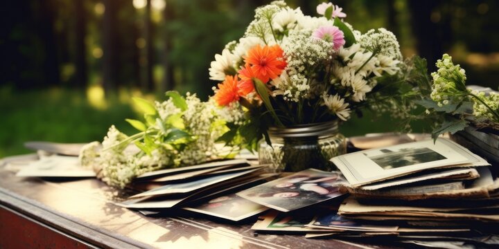 old vintage photographs, bouquet of wild flowers on wooden table in garden,