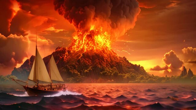 Fantasy landscape with ship in ocean. 3d render illustration, Photo of the volcanic eruption Krakatoa, AI Generated