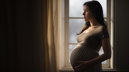 Contemplative pregnant woman in a beige dress beside a window, bathed in the warm glow of natural light