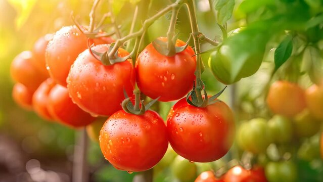 Ripe red tomatoes on a branch in a greenhouse. Selective focus, Ripe red tomatoes growing on a branch in a greenhouse. Close up, AI Generated