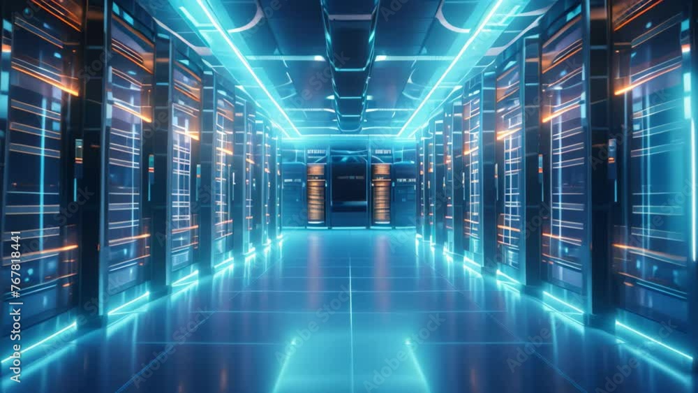 Poster 3d rendering of a server room with blue lights in the background, server room in data center. 3d ren