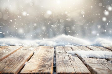 Christmas wooden planks with snow cap on light blurred background, a snow falling light flakes greeting card illustration December xmas celebrate