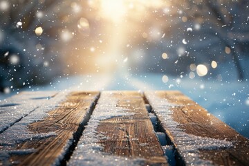 Christmas wooden planks with snow cap on light blurred background, a snow falling light flakes greeting card illustration December xmas celebrate - obrazy, fototapety, plakaty