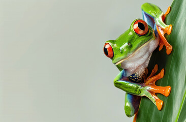 Photo of a tree frog sitting on the end of a green stem, holding onto its legs with tiny fee - obrazy, fototapety, plakaty