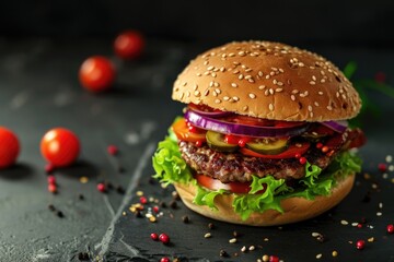 Autumn food concept. Creative burger on black background. Cover.