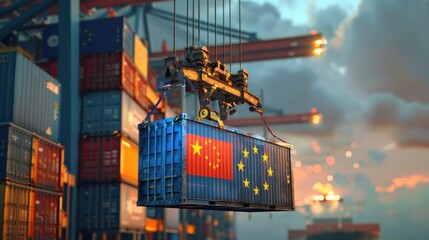 port crane holds a container with the flag of the European Union, - obrazy, fototapety, plakaty