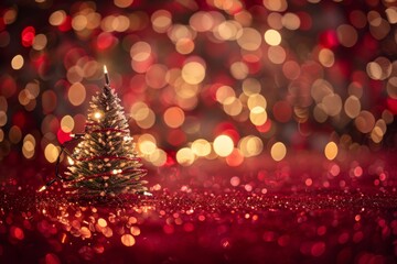 Christmas xmas tree and sparkle bokeh lights on red canvas background decoration banner background greeting card illustration December xmas celebrate