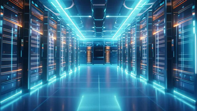 3D rendering of a server room with blue lights in the background, Server room in data center. 3d rendering. Computer digital image, AI Generated