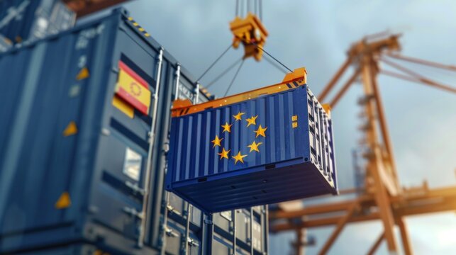 port crane holds a container with the flag of the European Union,