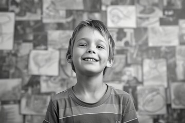 Happy boy in 3D collage artwork on drawing background.