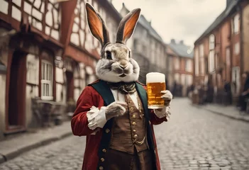 Zelfklevend Fotobehang a rabbit in a historical costume with a glass of beer in an ancient European city on the street near a tavern © Evgeny