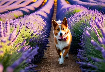 Velvet curtains French bulldog a dog runs towards us in a lavender field at sunset