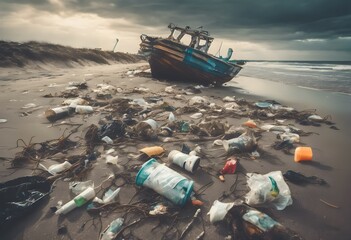 Environmental disaster. trash washed up on beach, seashore pollution caused by storm
 - obrazy, fototapety, plakaty