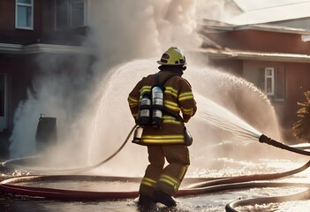 Fototapeta premium Firefighter extinguishes fire with water, courage and bravery