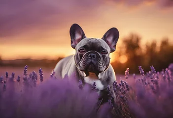Foto auf Acrylglas Französische Bulldogge French bulldog dog in a lavender field at sunset