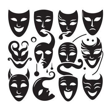 Theatrical Masks Icon Sheet Silhouette Vector: Dramatic and Expressive Theater Symbol Collection vector stock.