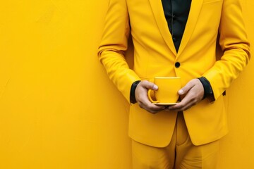 Coffee inspired yellow suit with modern art collage design.
