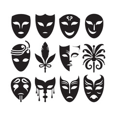 Theatrical Masks Icon Sheet Silhouette Vector: Dramatic and Expressive Theater Symbol Collection vector stock.