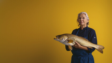 An experienced mature chef projects professionalism and expertise while holding a large fish against a yellow background